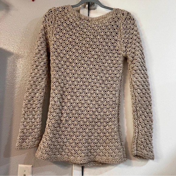 Berretti Cable Knit Chuncky Sweater Tan Cream Metallic Wool Alpaca Layered Gold - Picture 2 of 8